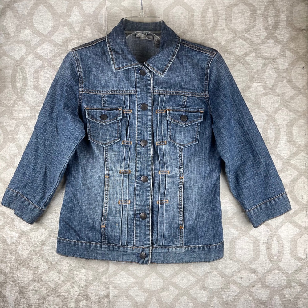 Chico's Platinum Denim Jacket Women Size 0 Small Blue Pintuck 3/4 Sleeve